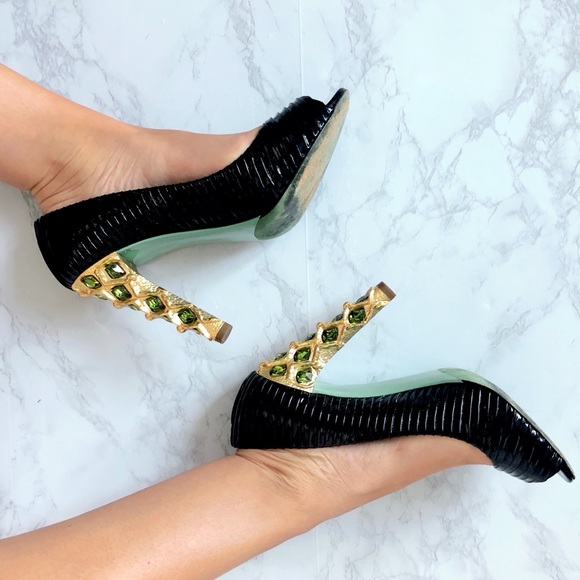 Miu Miu Shoes - RARE Miu Miu Jeweled Heel Patent Peep Toe Pump 41